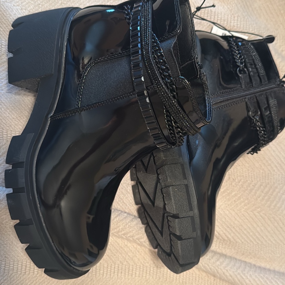 Black Patent Leather Ankle Moto Boots